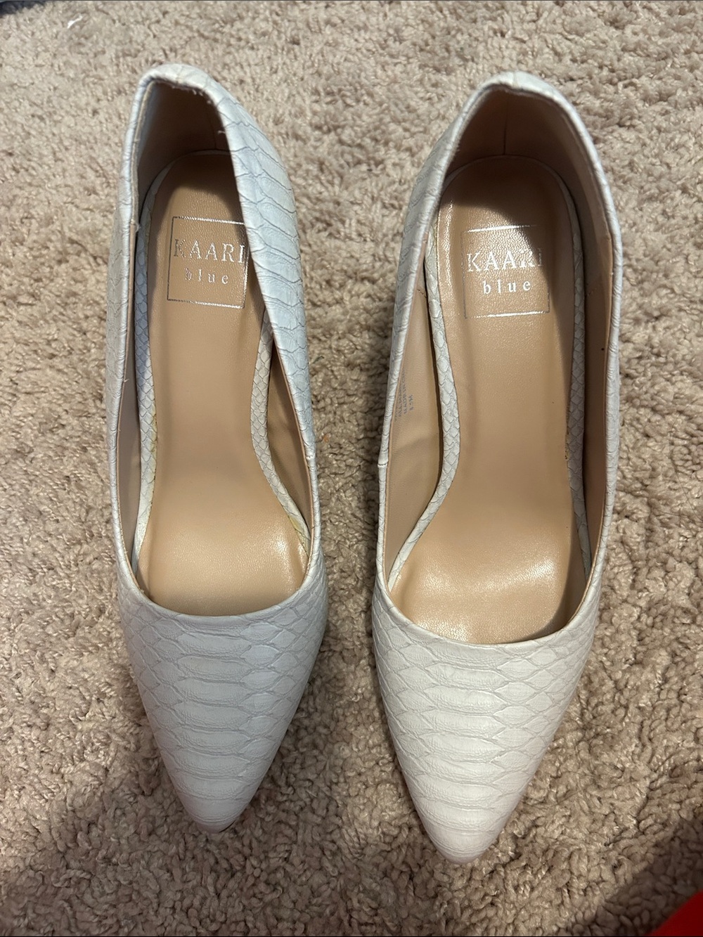 Kaari Blue Off-White Croc-Embossed Pointed Toe Pumps